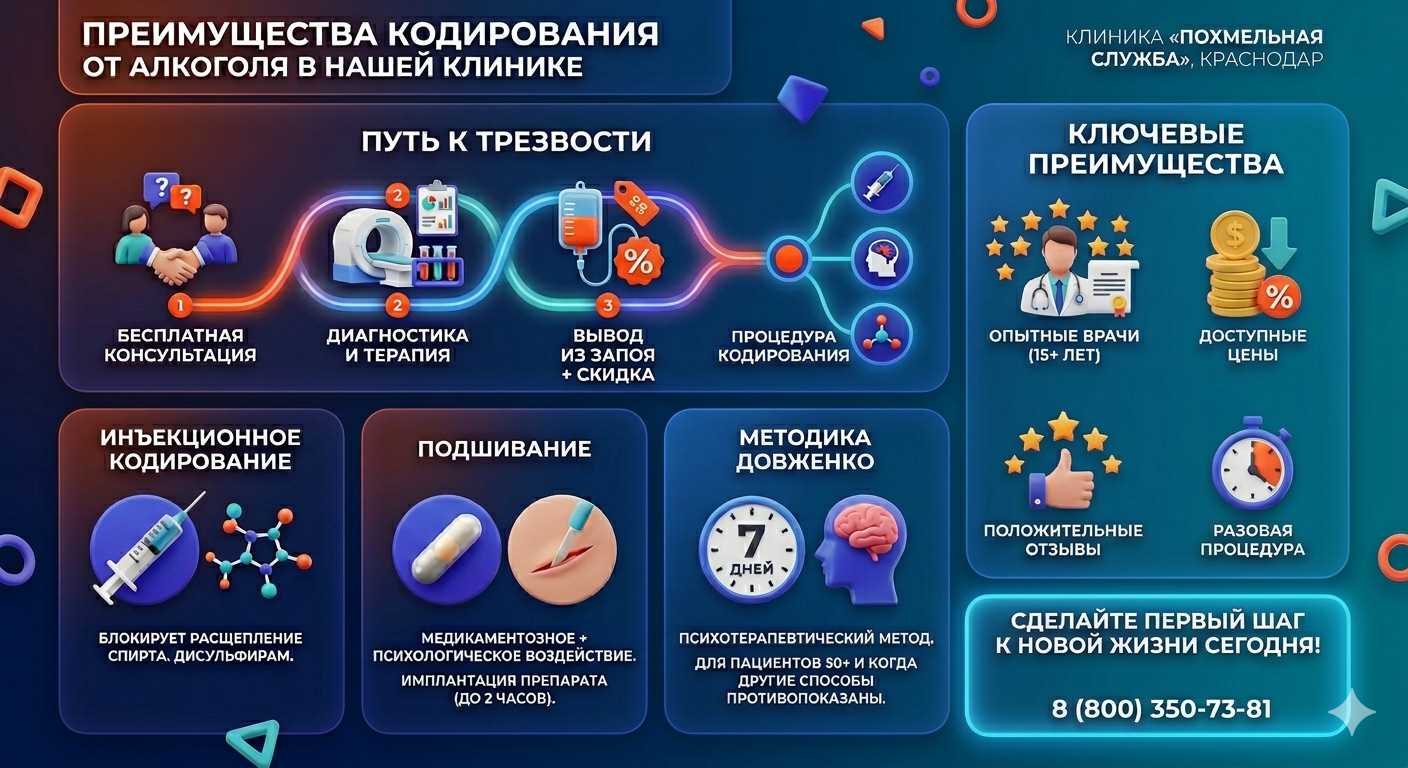 Инфографика о методах кодирования от алкоголя в Ромоданово: инъекции, подшивание, метод Довженко. Преимущества клиники и этапы лечения.