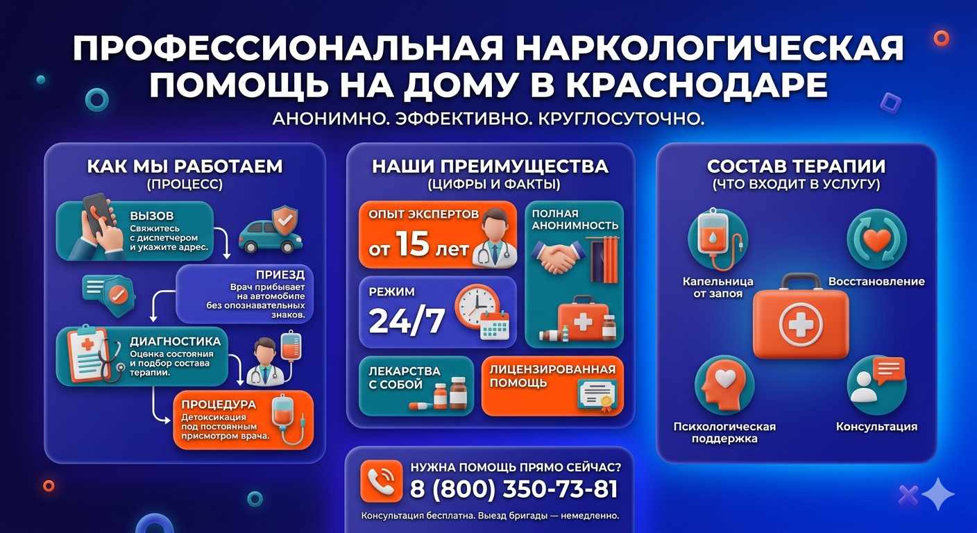 Инфографика о принципах лечения алкоголизма на дому в Ромоданово: этапы вызова нарколога, преимущества анонимной детоксикации и состав медицинской помощи.